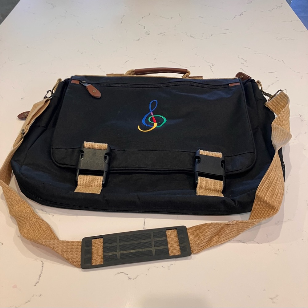 Black and Tan Messenger Bag Briefcase Music Embroidered Colorful Treble Clef